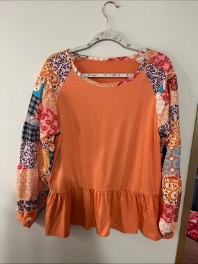 Women's Orange Patchwork-Sleeve Peplum Top